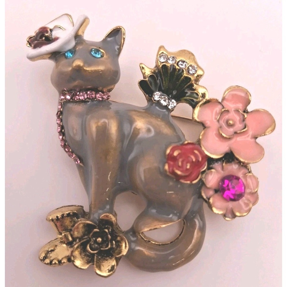 Vintage Inspired Enamel Floral Cat w/ Hats & Scarf Rhinestone Brooch  Whimsical